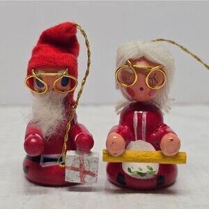 Vintage Wooden Santa & Mrs.Clause Christmas Ornaments Santa's Helpers